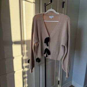 AnnieWear Bow Tie Cardigan Beige Knit Sweater Size Large Cottagecore Feminine